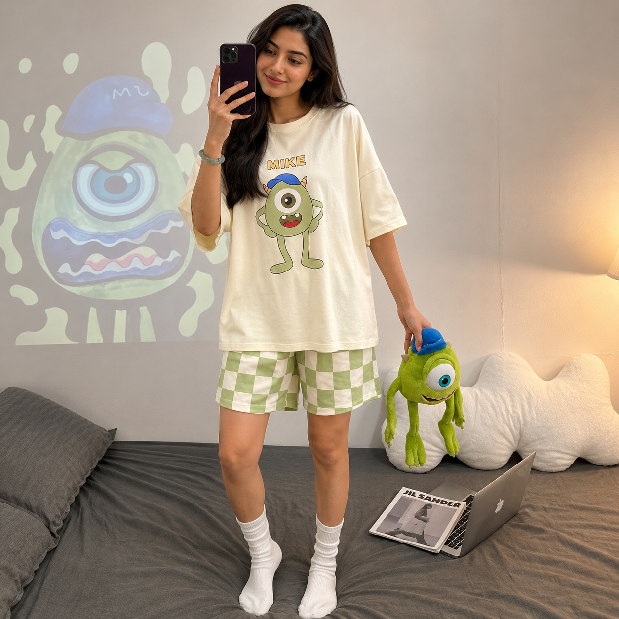 ZeroBra Monster Dreams PJ Set in playful print — comfortable Indian women's nightwear with cozy bra-free fit