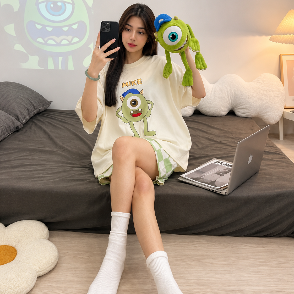 ZeroBra Monster Dreams PJ Set – cozy Indian nightwear with playful monster print, comfortable bra-free fit