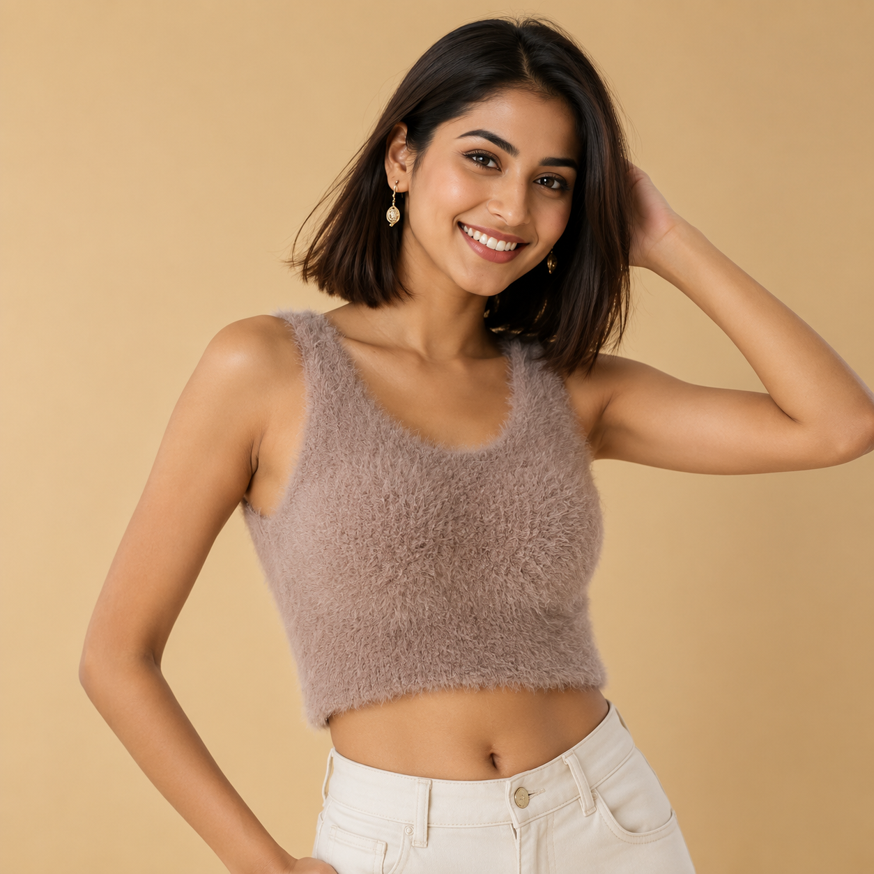 ZeroBra Fuzzy Cozy Built-In Bra Top in soft textured fabric, comfortable Indian women's loungewear style
