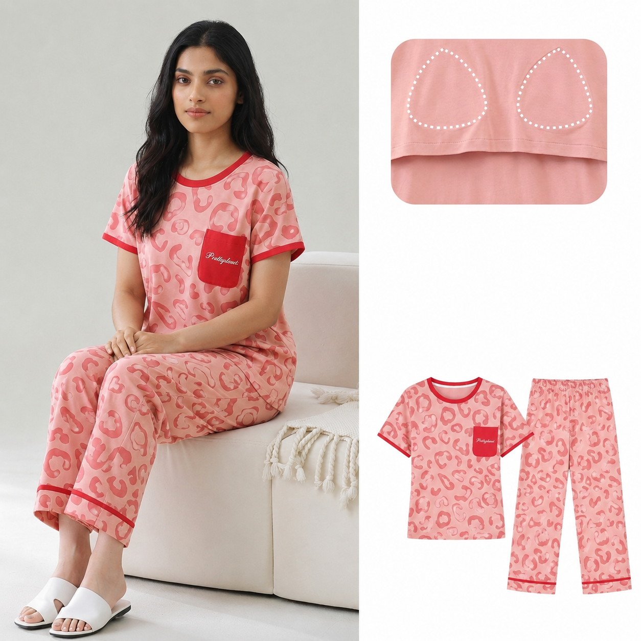 ZeroBra Cherry Leopard Padded PJ Set — comfortable Indian women's cherry-print pajama coordinates with built-in bra top