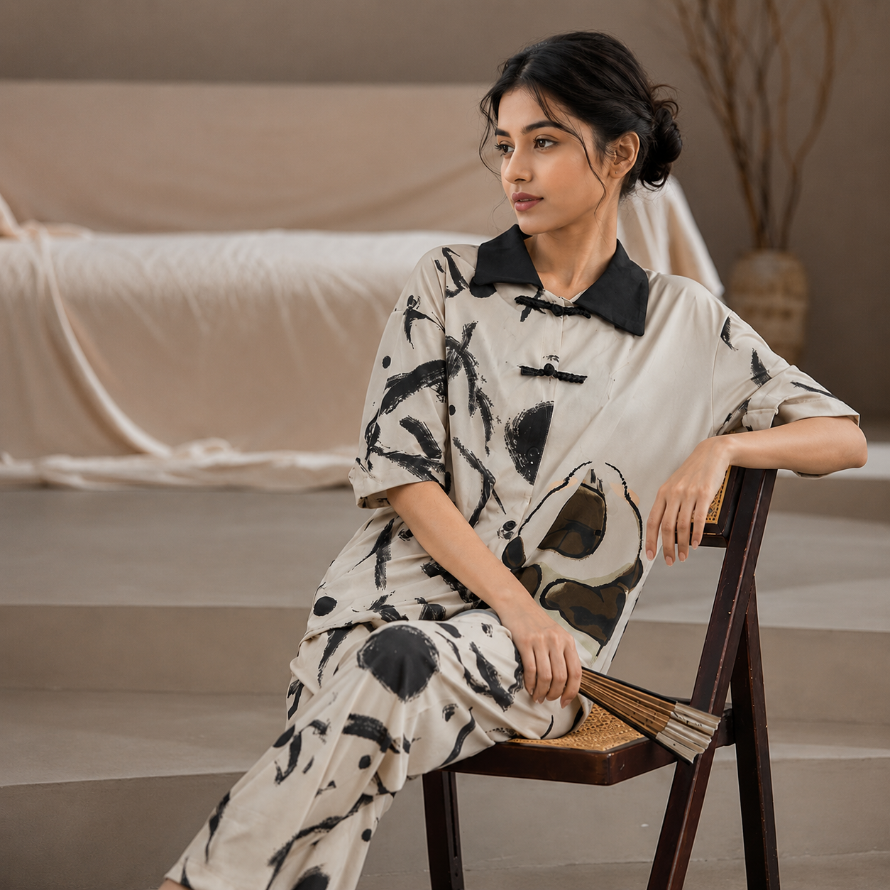 Ivory Ink Lounge Pajama Set with built-in padded bra in soft cream color, comfortable Indian sleepwear by ZeroBra