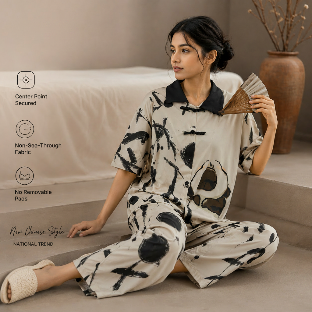 Ivory Ink Lounge Pajama Set with built-in padded bra in cream color, comfortable Indian sleepwear by ZeroBra