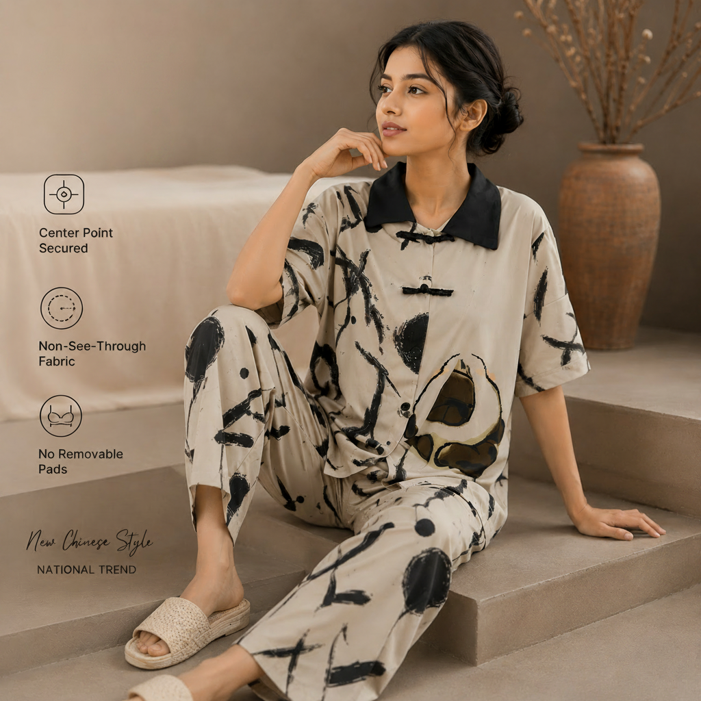 Ivory Ink Lounge Pajama Set with built-in padded bra in soft cream color, comfortable Indian loungewear by ZeroBra