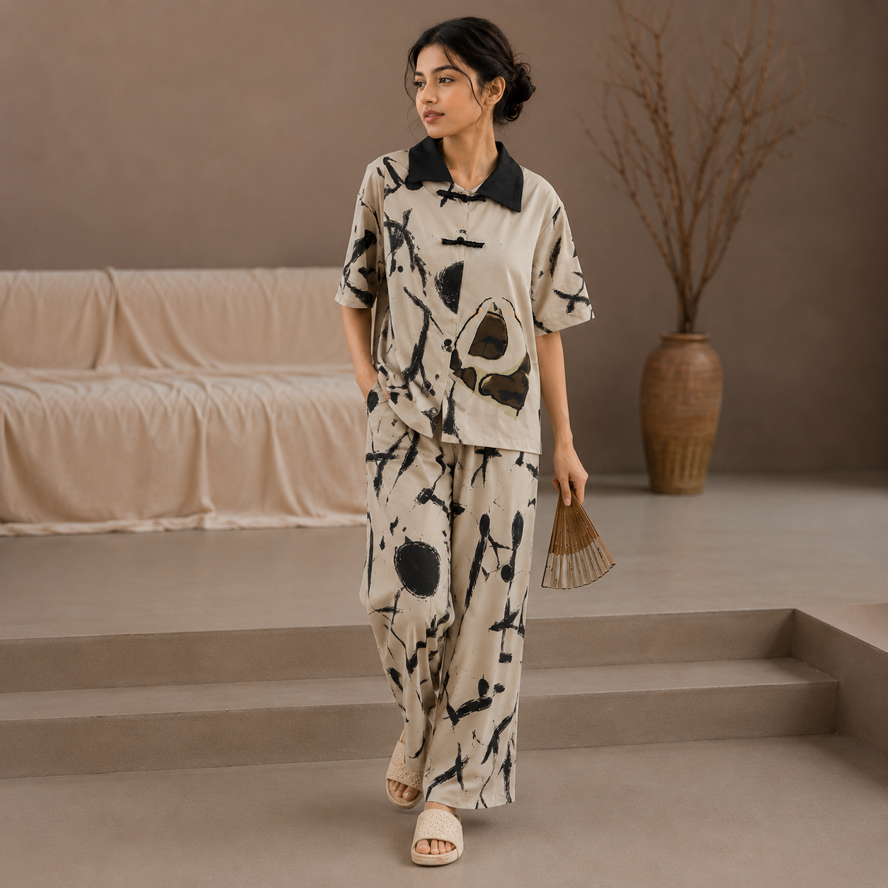 Ivory Ink Lounge Pajama Set with built-in padded bra, comfortable Indian sleepwear in soft ivory color