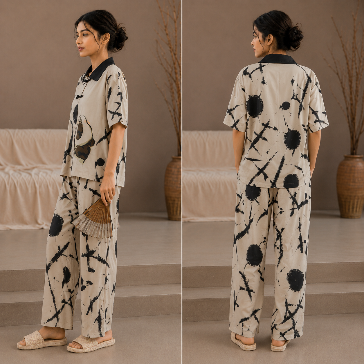 Ivory Ink Lounge Pajama Set with built-in padded bra in soft ivory color, comfortable Indian loungewear by ZeroBra