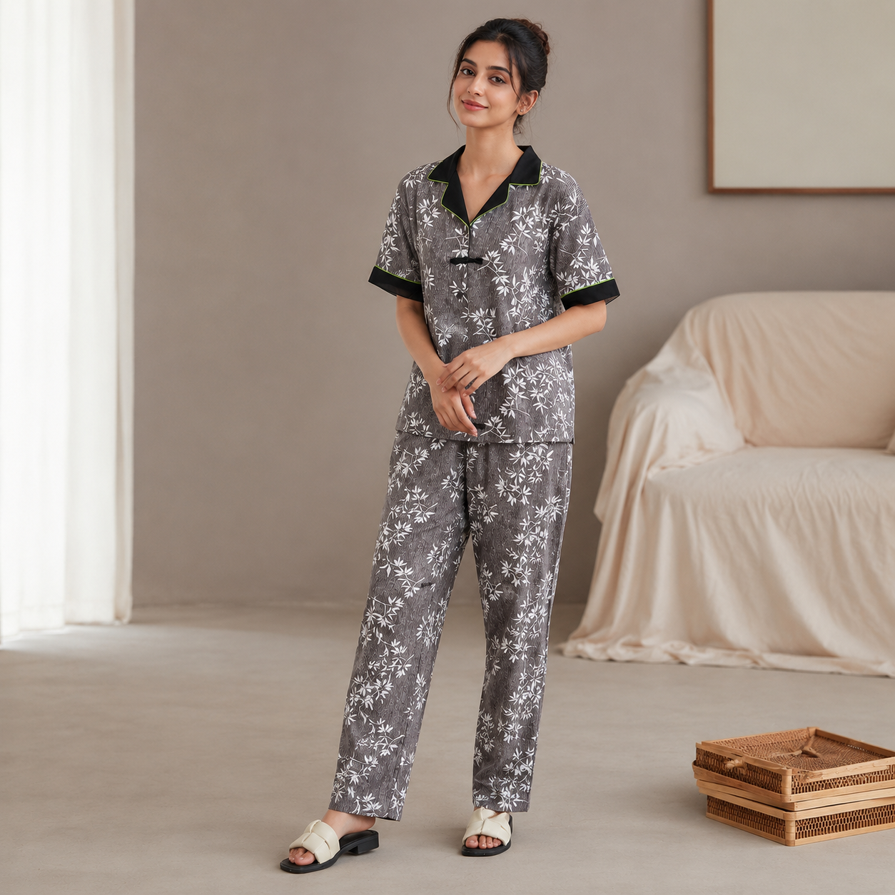 Black bamboo pajama set with built-in bra from ZeroBra - comfortable Indian loungewear in noir shade