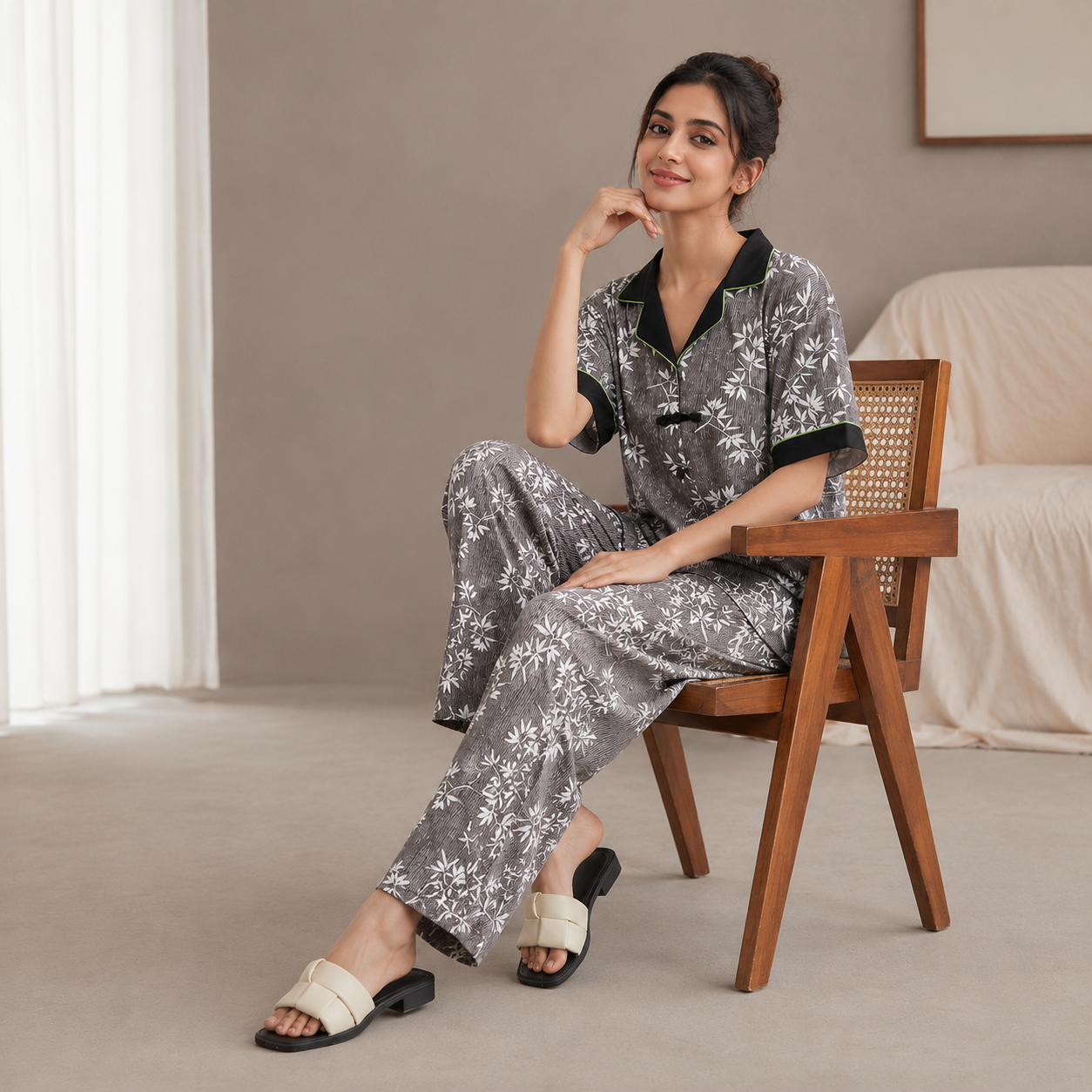 Black bamboo pajama set with built-in bra, comfortable Indian loungewear by ZeroBra, soft fabric detail