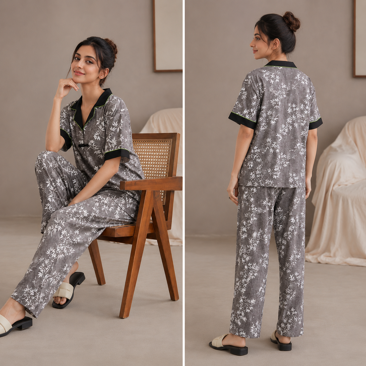 ZeroBra Bamboo Noir black pajama set with built-in bra - comfortable Indian loungewear for women