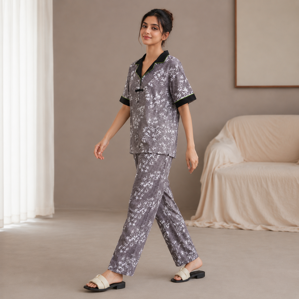 Black bamboo pajama set with built-in bra by ZeroBra, comfortable Indian loungewear for women