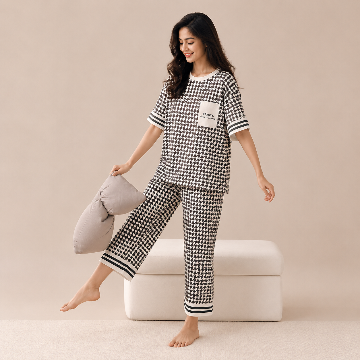 Monochrome Muse pajama set in black and white with built-in padded bra, comfortable Indian sleepwear by ZeroBra