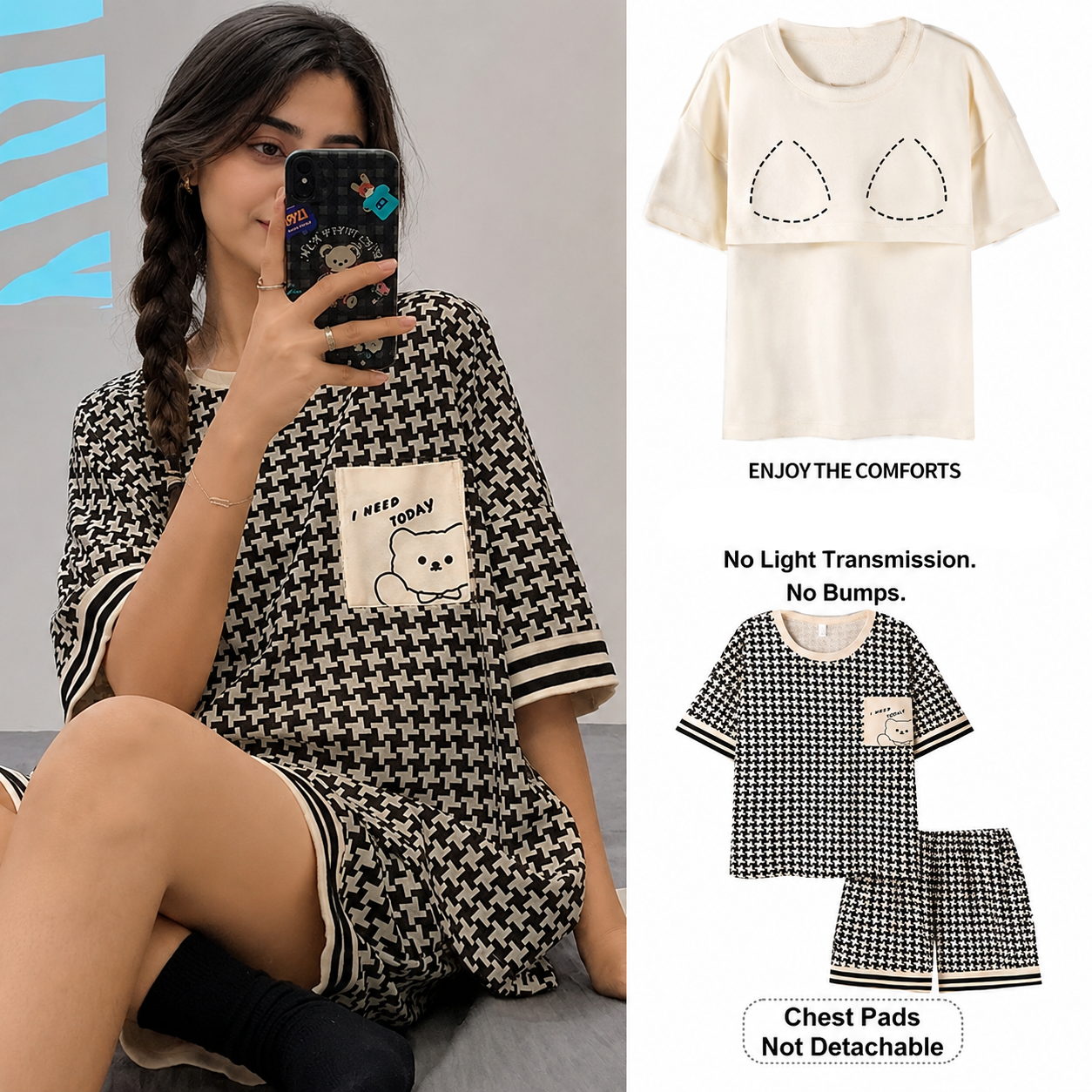 ZeroBra Monochrome Teddy Lounge Set with built-in padded bra - comfortable black and white pajama co-ord