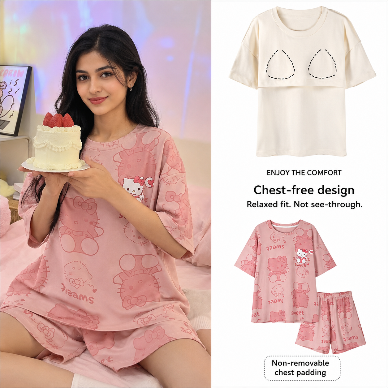 Sweet Kitty Dream Lounge Set in soft pink with built-in padded bra, comfortable Indian nightwear by ZeroBra