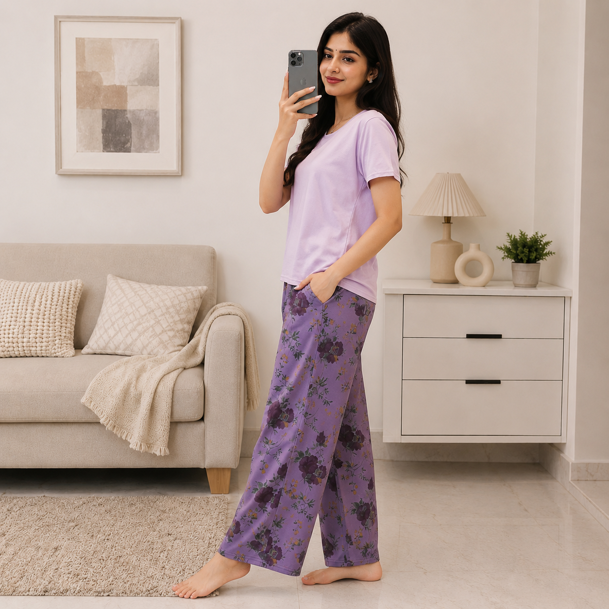 Lavender Bloom Lounge Set in soft purple with built-in padded bra, comfortable Indian nightwear by ZeroBra