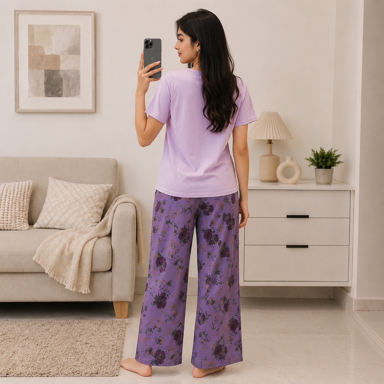 Lavender Bloom Lounge Set in soft purple with built-in padded bra, comfortable Indian nightwear by ZeroBra