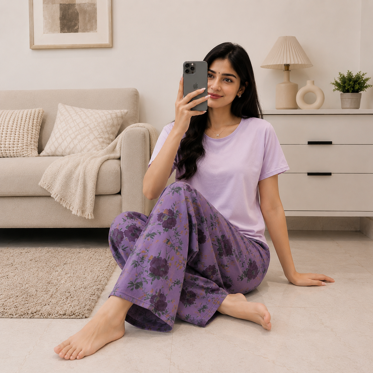 Lavender Bloom Lounge Set in soft purple showing built-in padded bra comfort, ZeroBra Indian nightwear