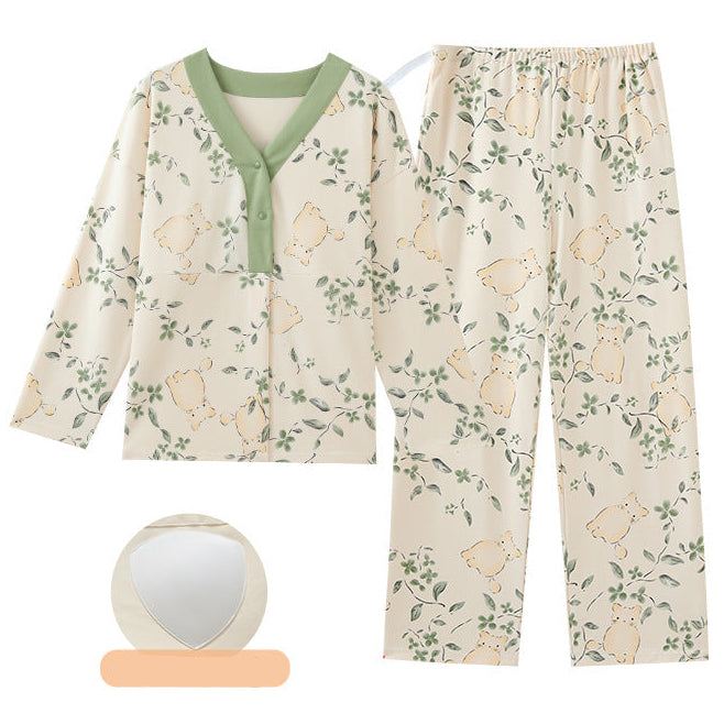 Maternity Meadow Bear PJ Set in soft pastels with padded comfort bra top, ZeroBra's cozy Indian maternity wear