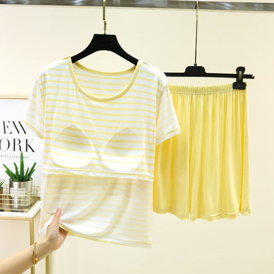 ZeroBra Lemon Sorbet Stripe PJ Set with yellow striped pattern and built-in padded bra for comfortable sleep