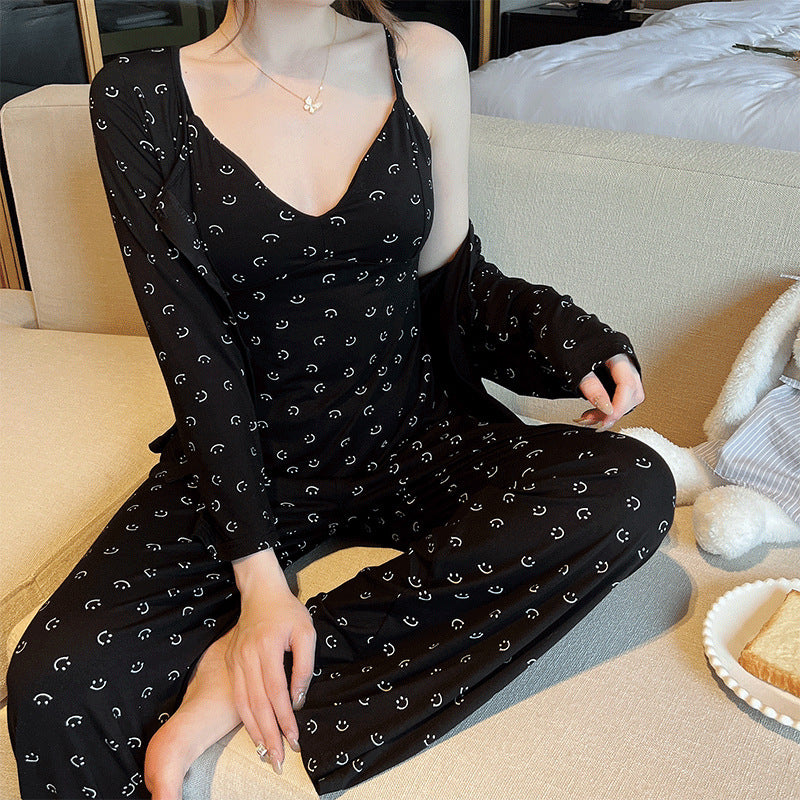 Midnight Smiley Lounge Set in dark blue with smiley prints - comfortable 3-piece pajama set by ZeroBra India