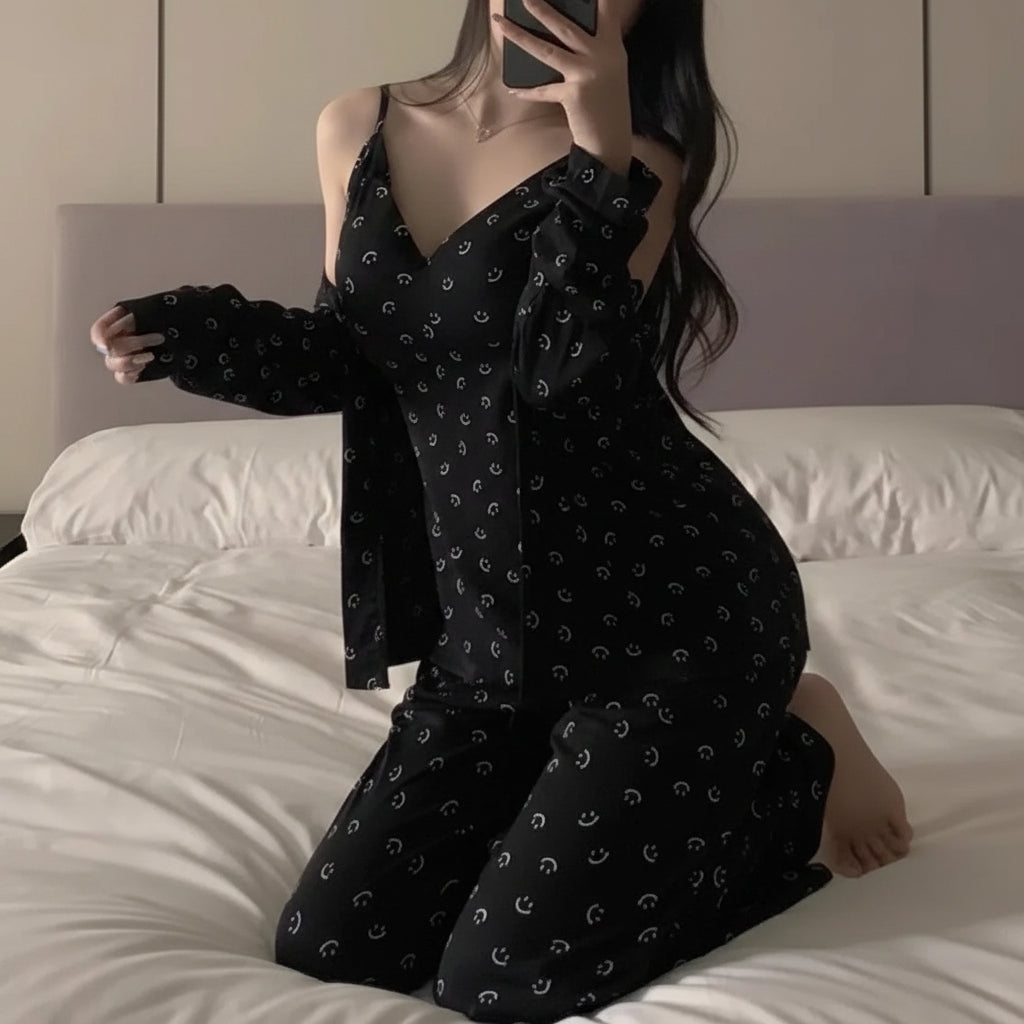 Dark navy Midnight Smiley Lounge Set with padded bra top and matching pajama bottoms, comfortable Indian lingerie by ZeroBra