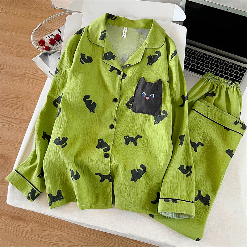 Matcha green ZeroBra padded pajama set with playful cat print, comfortable Indian lingerie sleepwear design