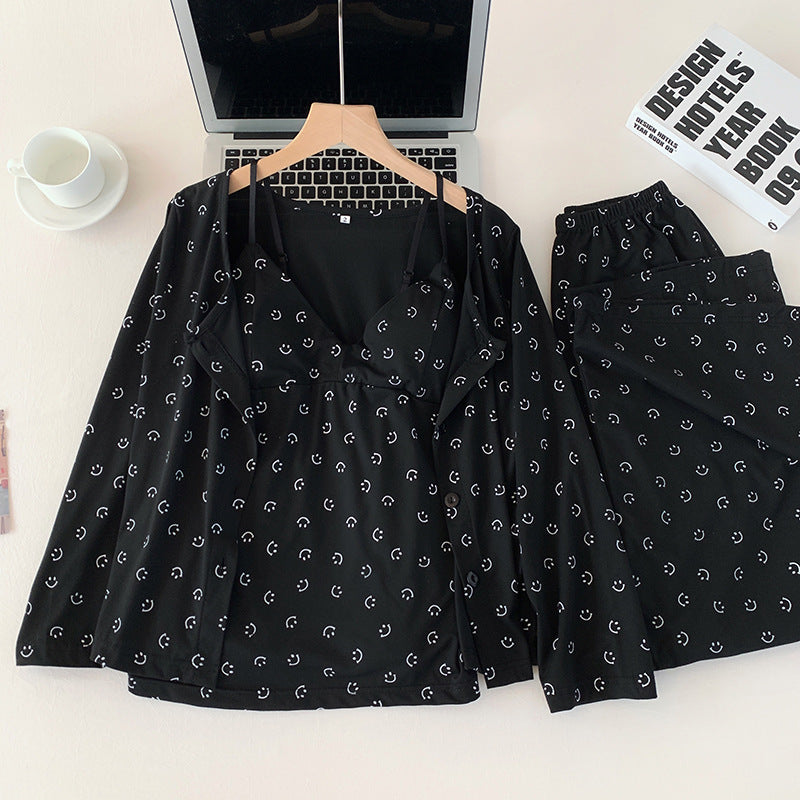Midnight Smiley Lounge Set in dark navy with smiley prints - comfortable padded bra and pajama set by ZeroBra