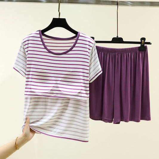 Berry Stripe Comfort PJ Set with built-in padded bra support - comfortable Indian sleepwear in berry stripes