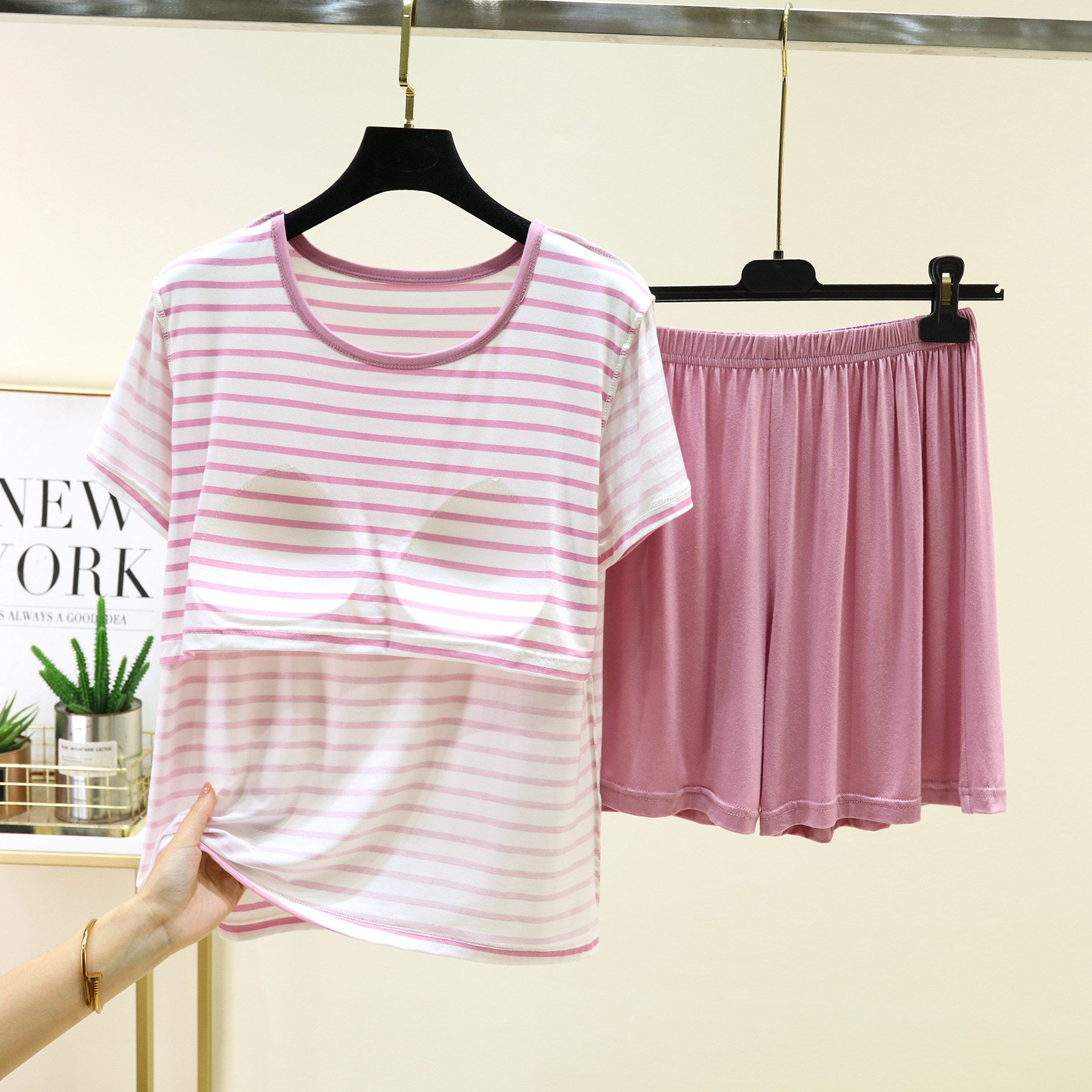 Blush Candy Stripe PJ Set with built-in padded bra comfort, soft pink striped sleepwear by ZeroBra India
