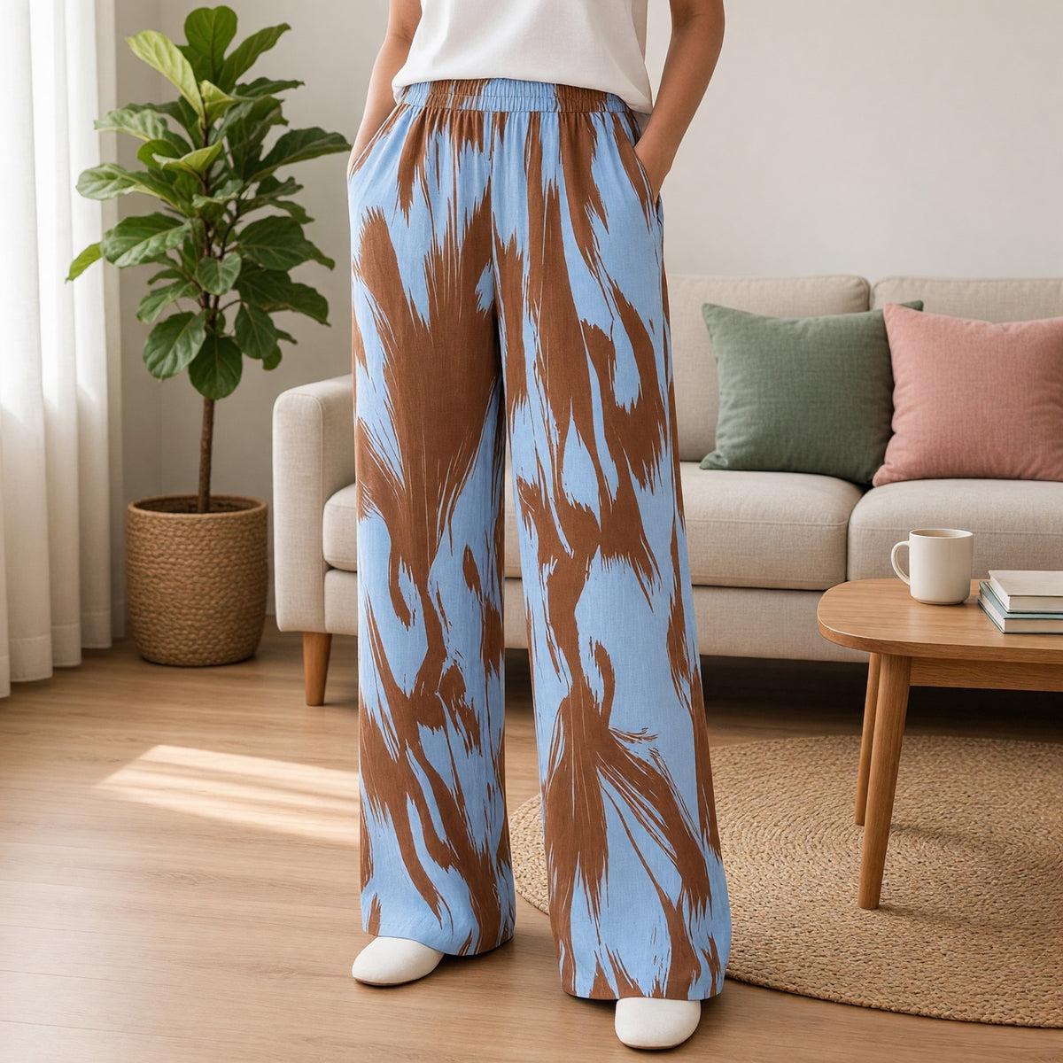 Abstract Sky Blue Wide-Leg Lounge Pants