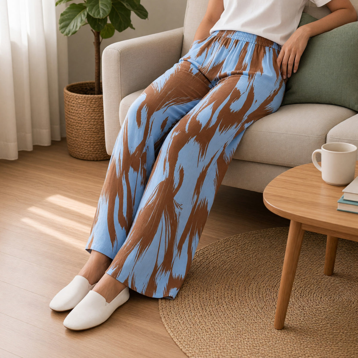 Abstract Sky Blue Wide-Leg Lounge Pants