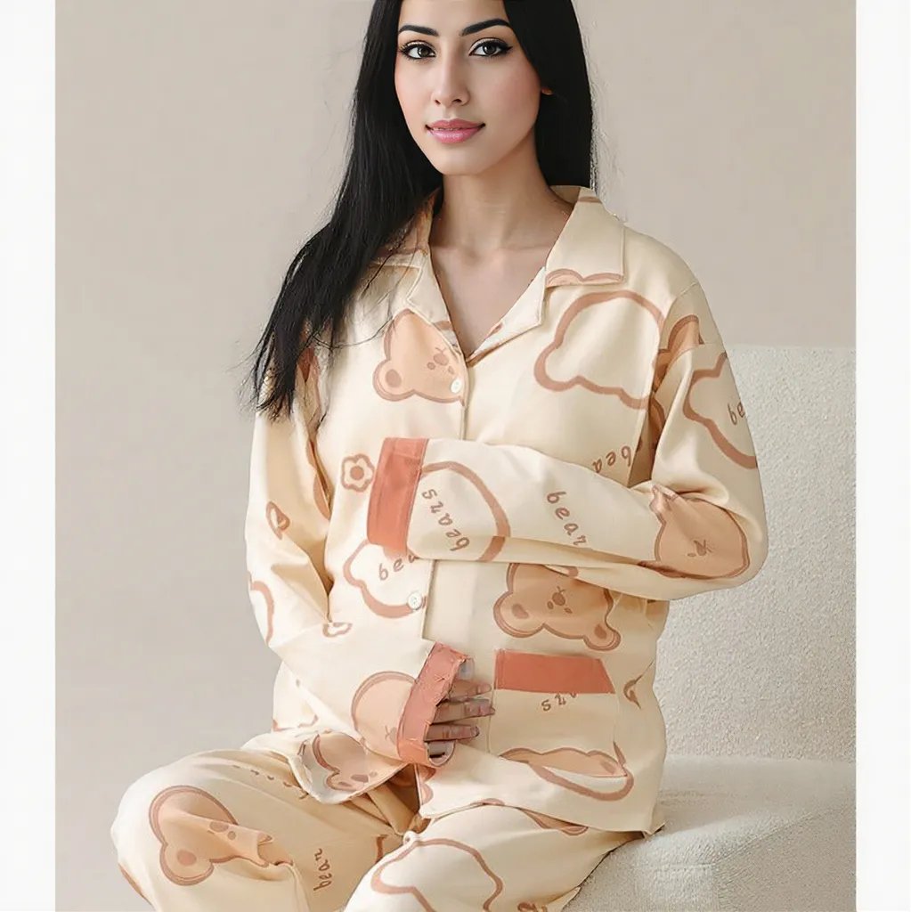 Beige Bear Maternity & Nursing Padded PJ Set – Soft, Bra - Free Mama Comfort - Zero Bra