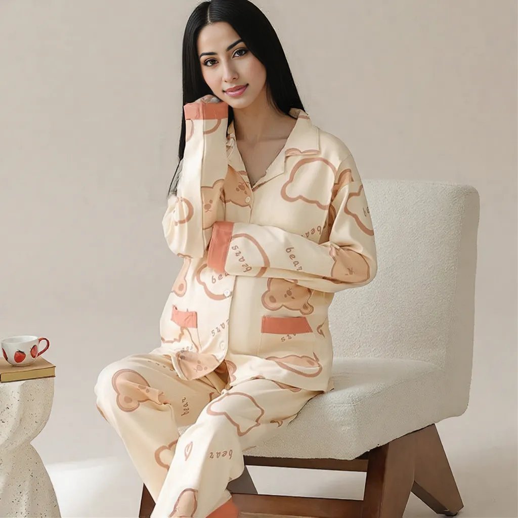 Beige Bear Maternity & Nursing Padded PJ Set – Soft, Bra - Free Mama Comfort - Zero Bra