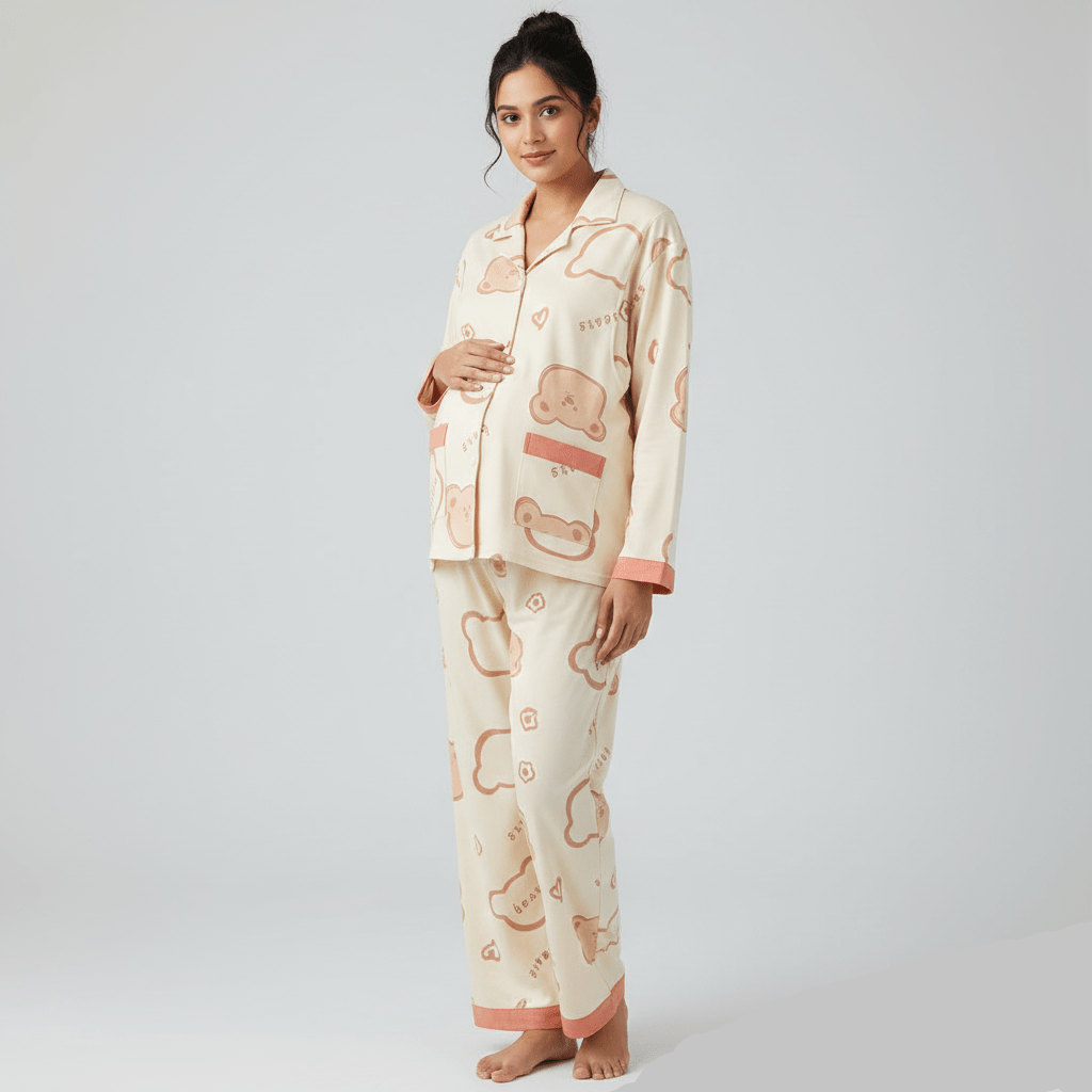 Beige Bear Maternity & Nursing Padded PJ Set – Soft, Bra - Free Mama Comfort - Zero Bra