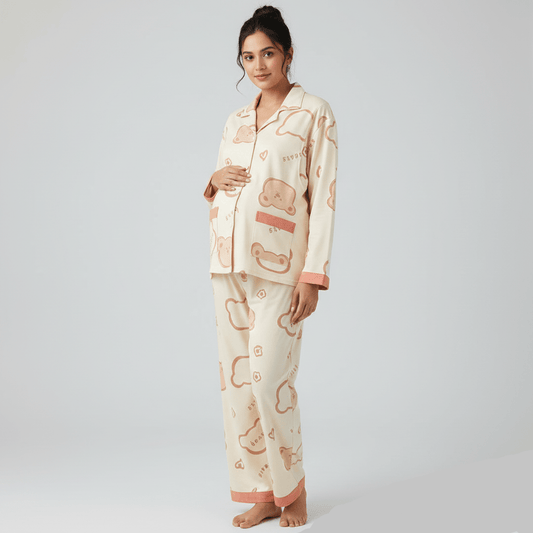 Beige Bear Maternity & Nursing Padded PJ Set – Soft, Bra - Free Mama Comfort - Zero Bra