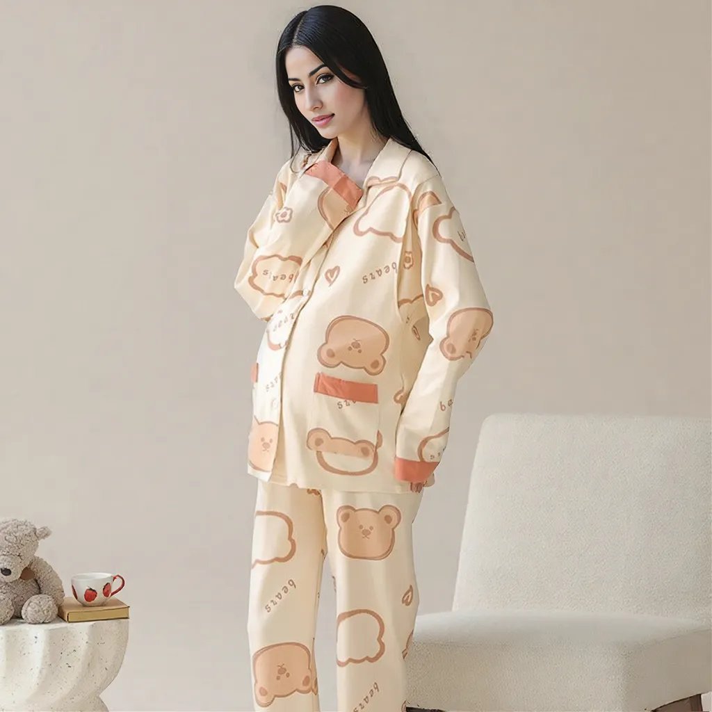 Beige Bear Maternity & Nursing Padded PJ Set – Soft, Bra - Free Mama Comfort - Zero Bra