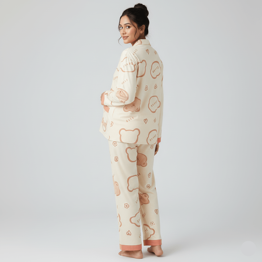 Beige Bear Maternity & Nursing Padded PJ Set – Soft, Bra - Free Mama Comfort - Zero Bra