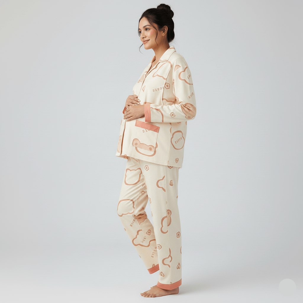 Beige Bear Maternity & Nursing Padded PJ Set – Soft, Bra - Free Mama Comfort - Zero Bra