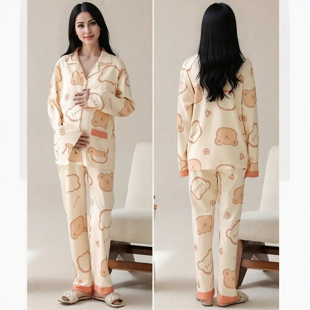 Beige Bear Maternity & Nursing Padded PJ Set – Soft, Bra - Free Mama Comfort - Zero Bra