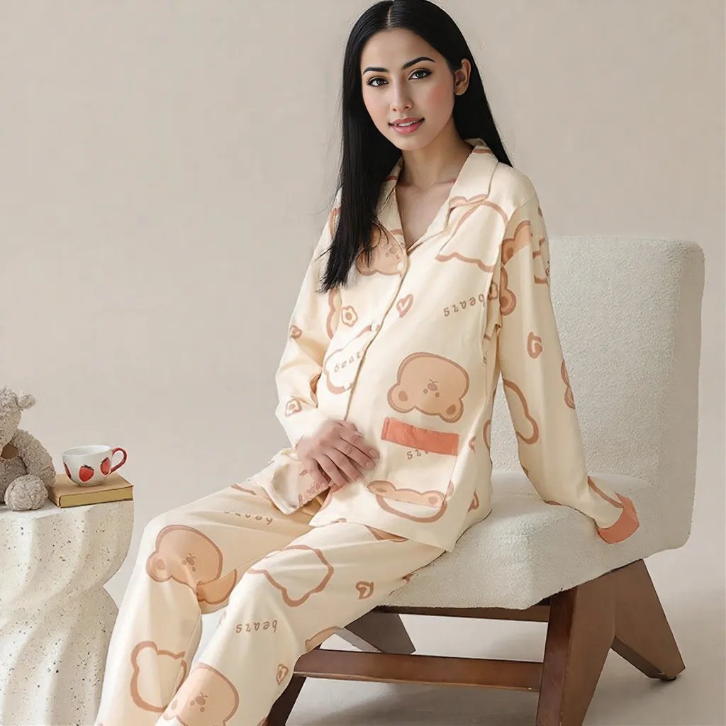 Beige Bear Maternity & Nursing Padded PJ Set – Soft, Bra - Free Mama Comfort - Zero Bra