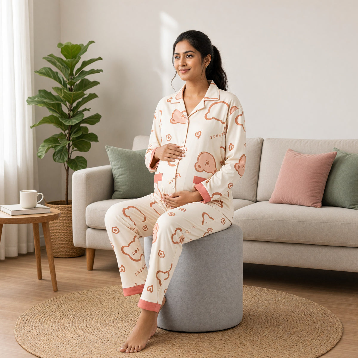 Beige Bear Padded Feeding Night Suit