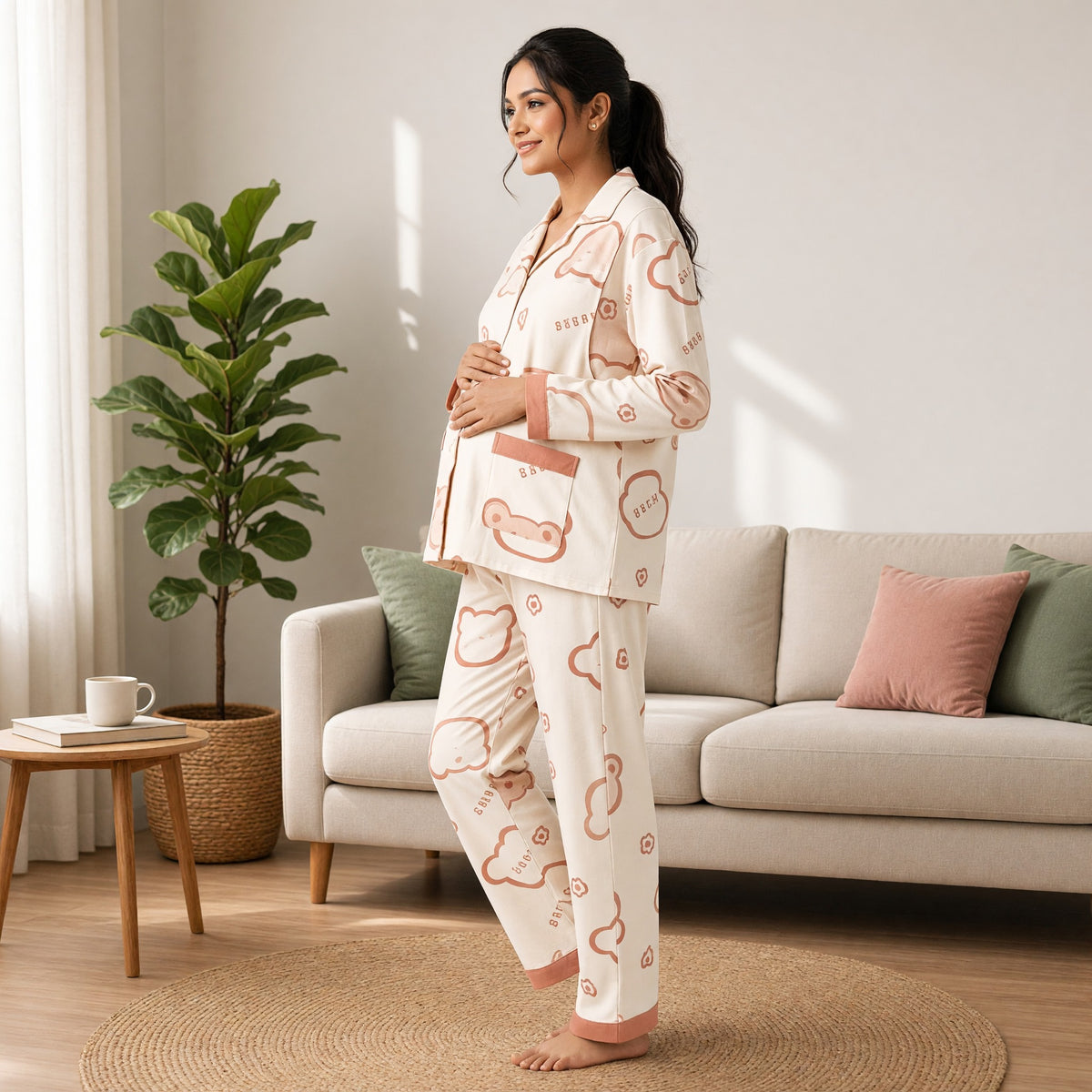 Beige Bear Padded Feeding Night Suit