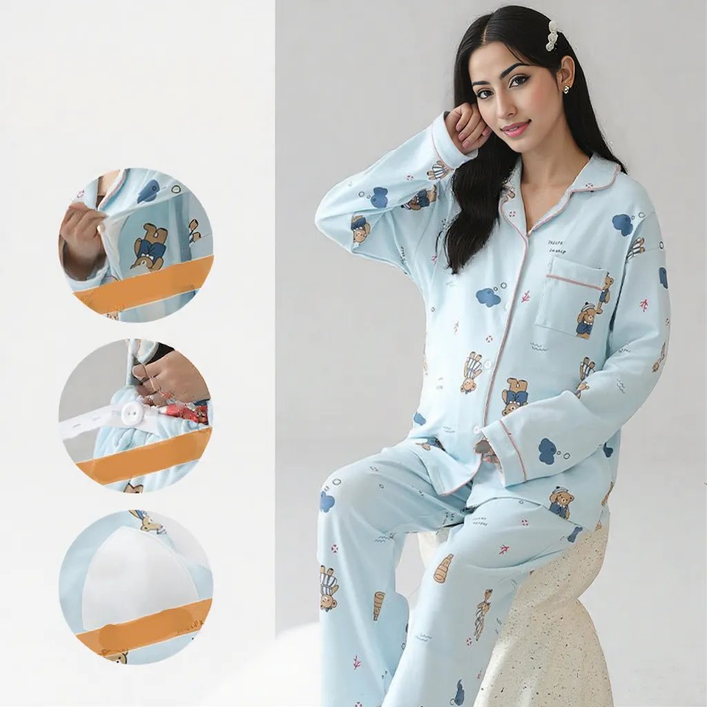 Blue Bear Maternity Padded PJ Set – Cute Comfort, Bump to Beyond - Zero Bra