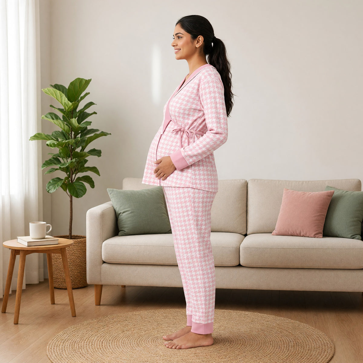 Blush Houndstooth Padded Feeding Night Suit