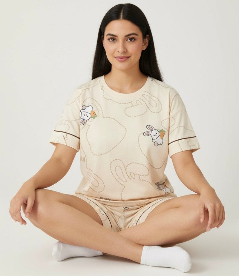 Bunny Doodle Padded PJ Set – Creamy Cuteness Edition - Zero Bra