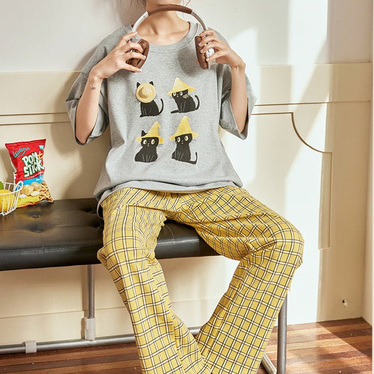 Cat Nap Plaid PJ Set – With Padded Purrfection - Zero Bra
