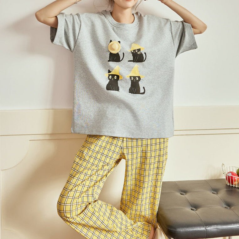 Cat Nap Plaid PJ Set – With Padded Purrfection - Zero Bra