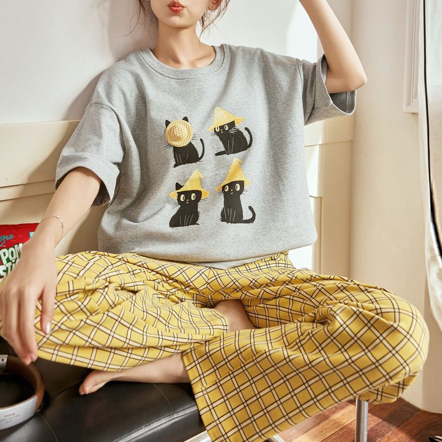 Cat Nap Plaid PJ Set – With Padded Purrfection - Zero Bra