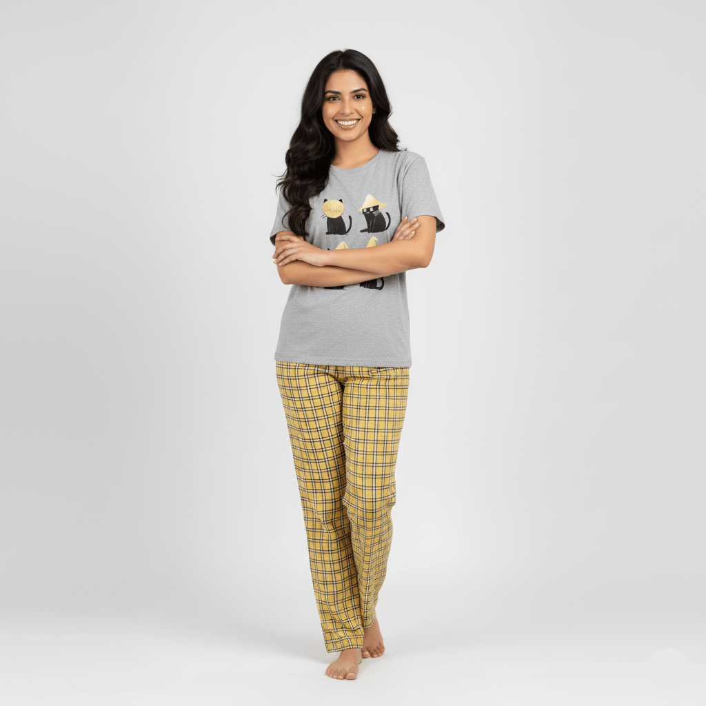 Cat Nap Plaid PJ Set – With Padded Purrfection - Zero Bra