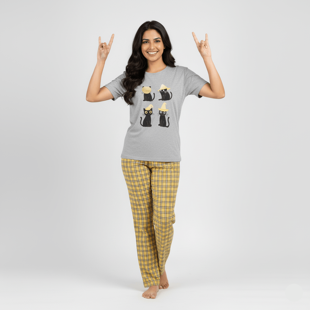 Cat Nap Plaid PJ Set – With Padded Purrfection - Zero Bra