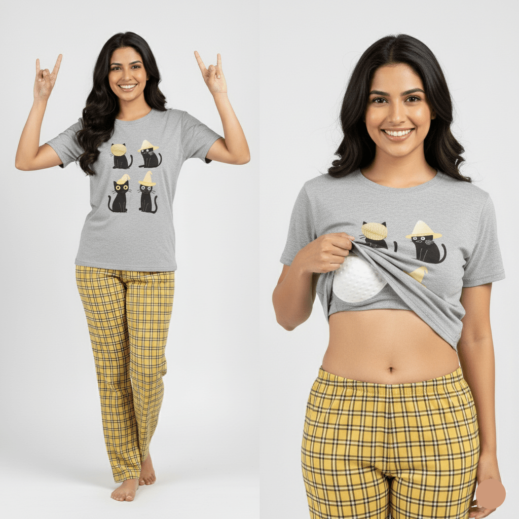 Cat Nap Plaid PJ Set – With Padded Purrfection - Zero Bra