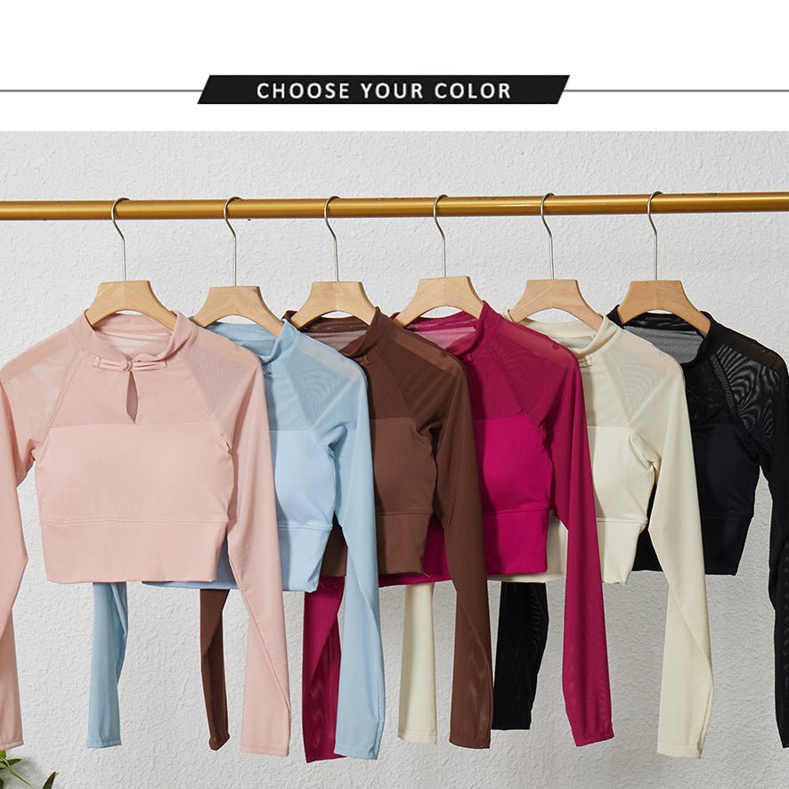 Chic Keyhole Long Sleeve Crop Top with Built - in Bra - Zero Bra